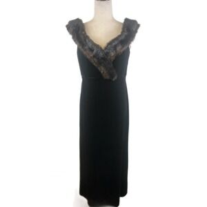 Vintage‎ Elegant Cachet Black Velvet Evening Gown Faux Mink Fur Collar Size 12